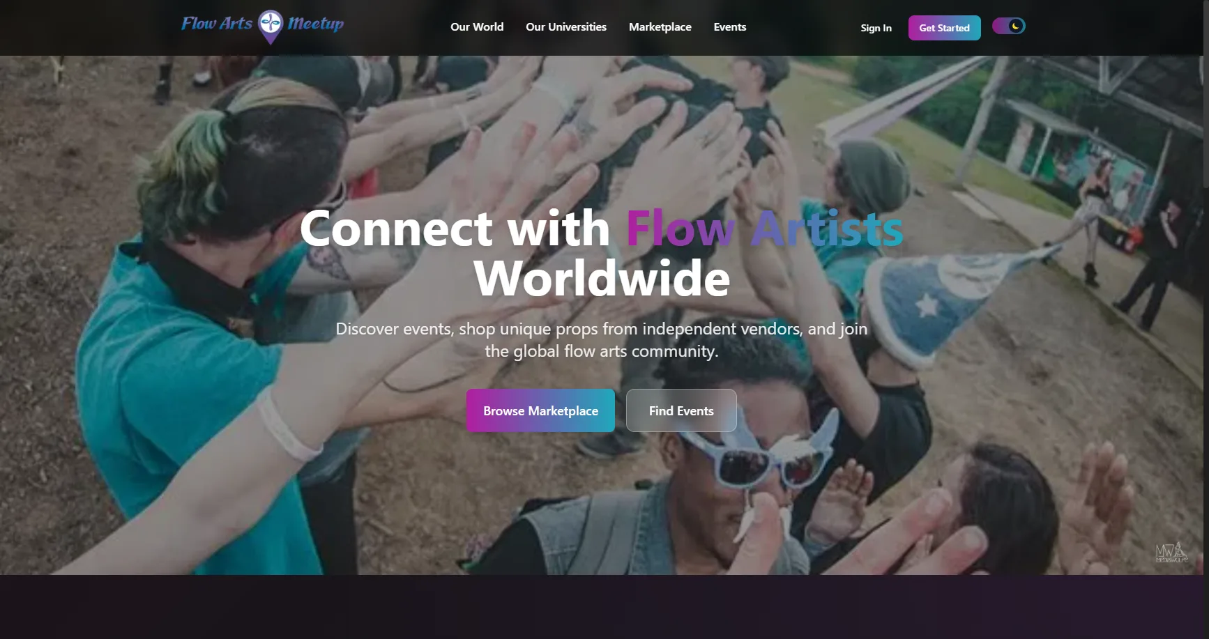 Screenshot of the Flow Arts Meet Up website by Ty Roachford