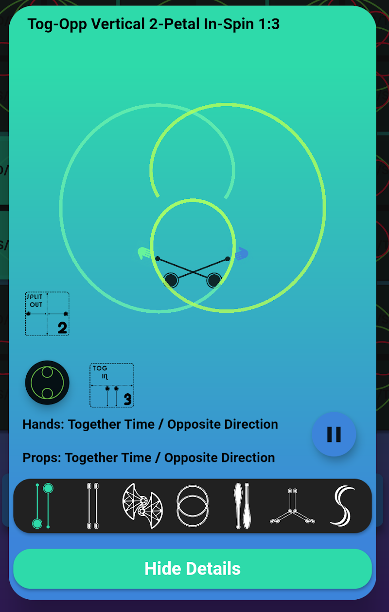 Screenshot of the VTG app rendering a two-petal in-spin pattern